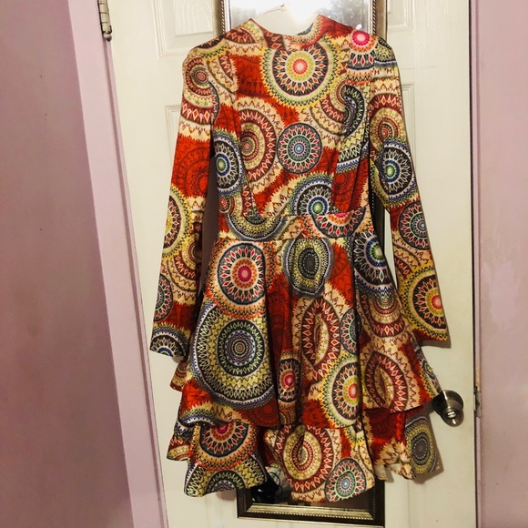 Unique Exotic High Fashion Flare Carretto Print Geometric Dress Knee Length Midi - Picture 5 of 11